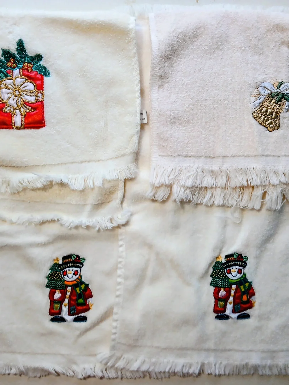 White Holiday Embroidered Fringe Kitchen Towels - Festive Snowman & Santa